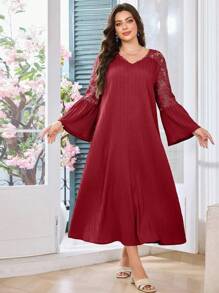 Modelyn Casual Solid Color Lace Patchwork V-Neck Ruffle Hem Long Sleeve Loose Maxi Dress, Plus Size, Spring/Summer Fall - Burgundy - View 5