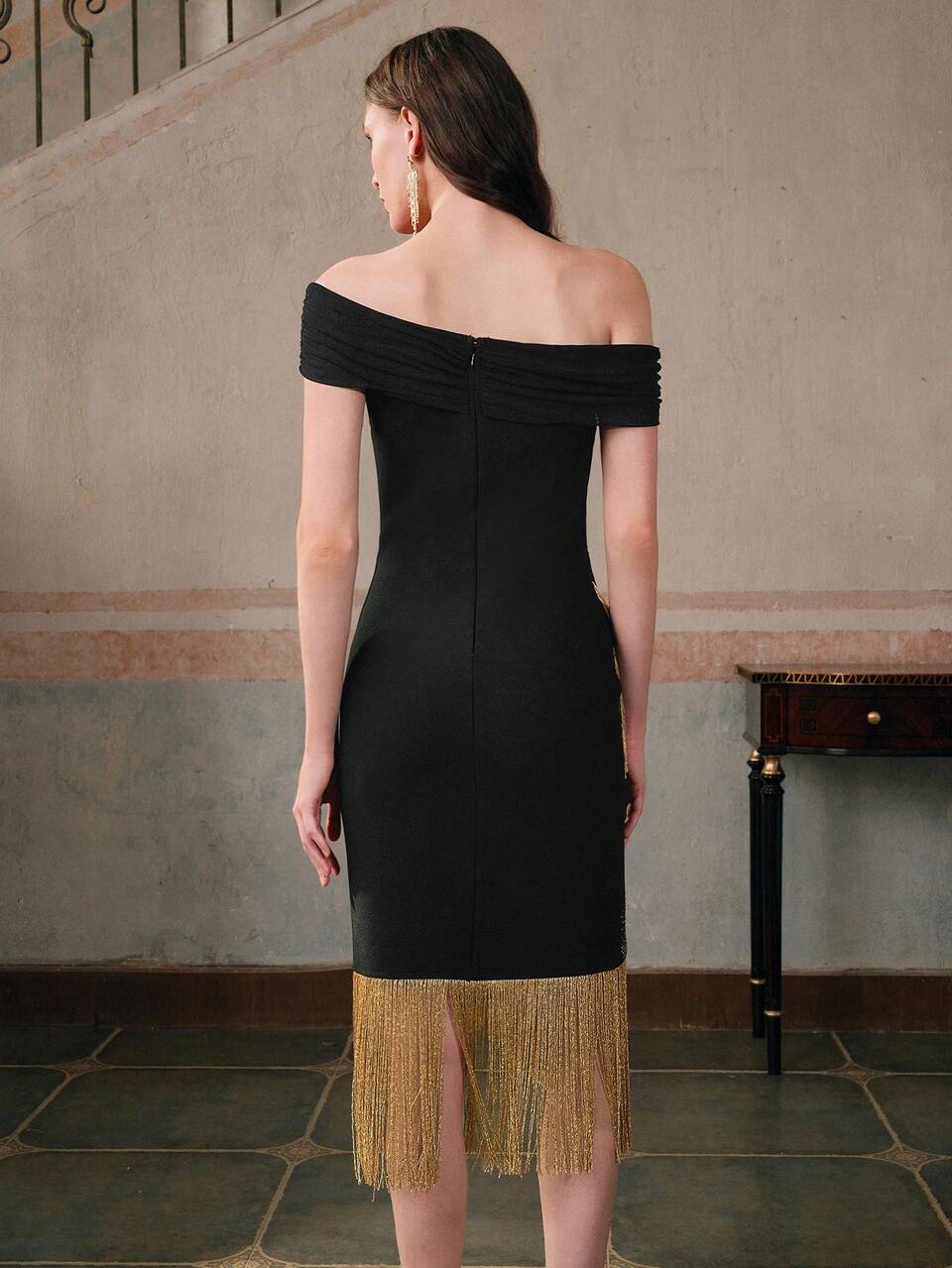Plus Size Off-Shoulder Bandage Cocktail Dress With Sparkle Decorations, Black Summer Party/Wedding Dress