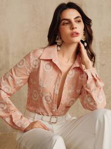 Anewsta 女式复古重工刺绣休闲衬衫，百搭春夏季、流浪汉装、沙滩装 - 橘色 - 查看 7