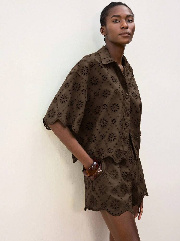 SHEIN Maija Women's Coffee-Color Summer Shirt Top, Hollow-Out Cotton Embroidered Fabric, Ruffle Sleeve Cuffs And Hem Design, Bohemian Style Vacation Beach Casual Daily Blouse, Retro Style Women's Top.