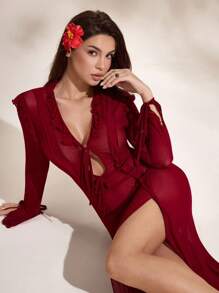 Glamance Women's Burgundy Red Ruffle Trim Front Tie Sexy Dress Y2K 2000s Back To School Fall And Winter Club Outfits Women Sexy Date Night Outfits Women - Burgundy - View 7