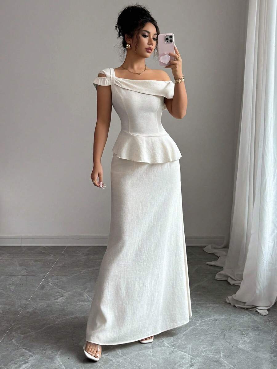 Selianne 2pcs/Set Women Asymmetric Top And Bodycon Fish Tail Skirt Set - Apricot - View 1