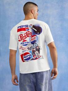 PEPSI X SHEIN 男士字母图案休闲圆领短袖T恤 - 白色 - 查看 4