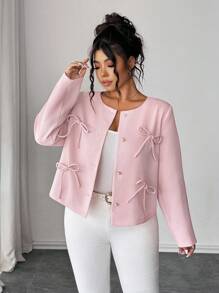 Elenzga Áo khoác dài tay màu hồng thanh lịch cổ tròn cài nút phía trước dành cho nữ cỡ lớn, trang phục thu đông, thích hợp mặc cho nữ. - Hồng - Xem 1