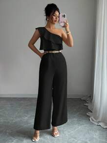 Elenzga Women's Spring/Summer Vacation Style Office Commute Beach Party Asymmetrical Neck Layered Flounce Waist Jumpsuit, Loose Straight-Leg - Black - View 5