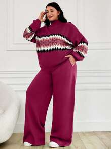 EURMUSE Women's Geometric Pattern High Neck Sweater 2pcs/Set - Hot Pink - View 3
