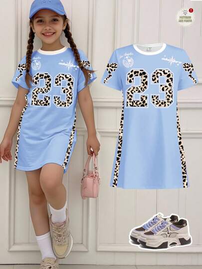 SHEIN Tween Girls Casual Minimal Style Short Sleeve Midi Dress, Suitable For Summer Girls Leopard Print Dress Girls Animal Print Dress Girls Casual Dress Tween Short Sleeve Dress Tshirt Dress For Girls