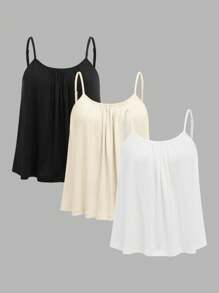 SHEIN EZwear 3pcs Plus Size Women Pleated Loose Camisole Adjustable Strap Camisole, Suitable For Spring And Summer Back To School - Multicolor - View 1