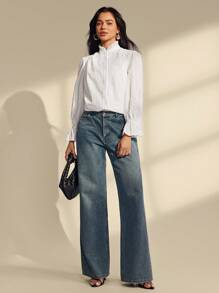 Almamuse Spring/Autumn All White Embroidery Textured, Delicate Floral Trim Elegant Women Long Sleeve Blouse Fall Women Clothes - White - View 2