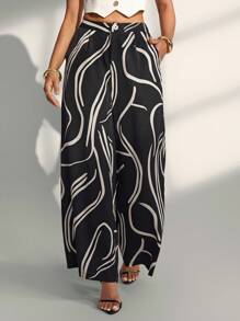 Almamuse Women's Elastic Waist Asymmetrical Geometric Pattern Wide Leg Pants Fall Casual Spring - Black - View 5