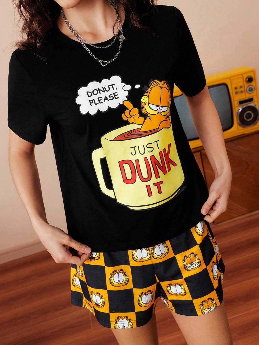 GARFIELD | SHEIN Women's Cute Casual Versatile Cool Street Cartoon Cat Print Black T-Shirt & Shorts Set, Back To School Clothes, Summer & Fall - Black - View 1