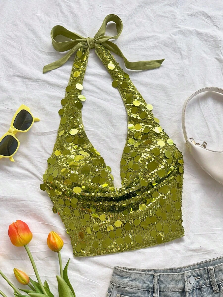 Soleia Áo crop top buộc cổ màu xanh lá cây lấp lánh mới, phù hợp mặc thường ngày, dạo phố, nghỉ dưỡng, tiệc tùng, thu đông - màu xanh lá - Xem 1