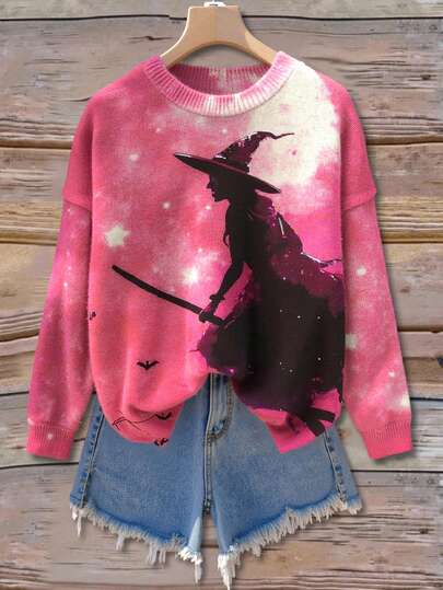 INAWLY Suéter holgado con estampado de bruja, adecuado para otoño y primavera