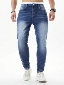 Manfinity Homme Men's Denim Jeans With Printed Pocket Decor, Slim Fit, All Season - Blue - View 2