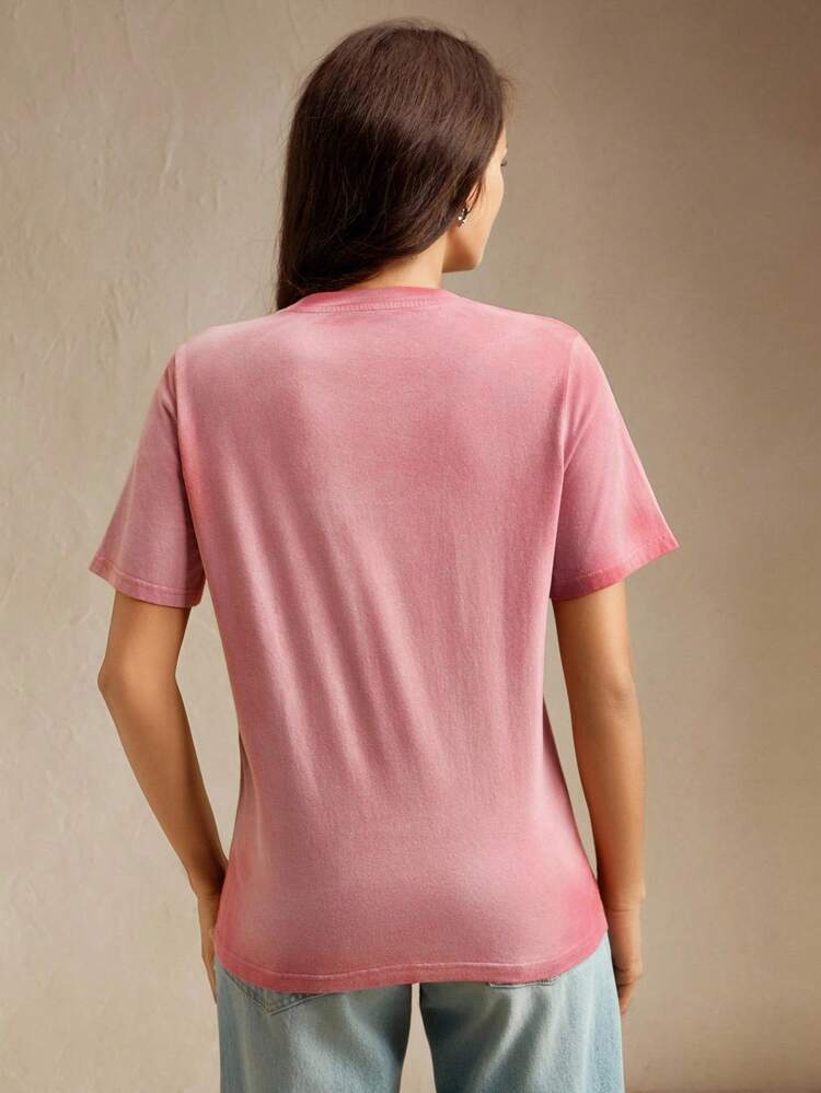 Vintage Wash Cherry Beaded Embroidery Dopamine Graphic Knit Round Neck T-Shirt For Women, Casual, Summer Tshirts For Women Summer Cherry Shirts Cotton Tops Women Summer Vintage T Shirts Women