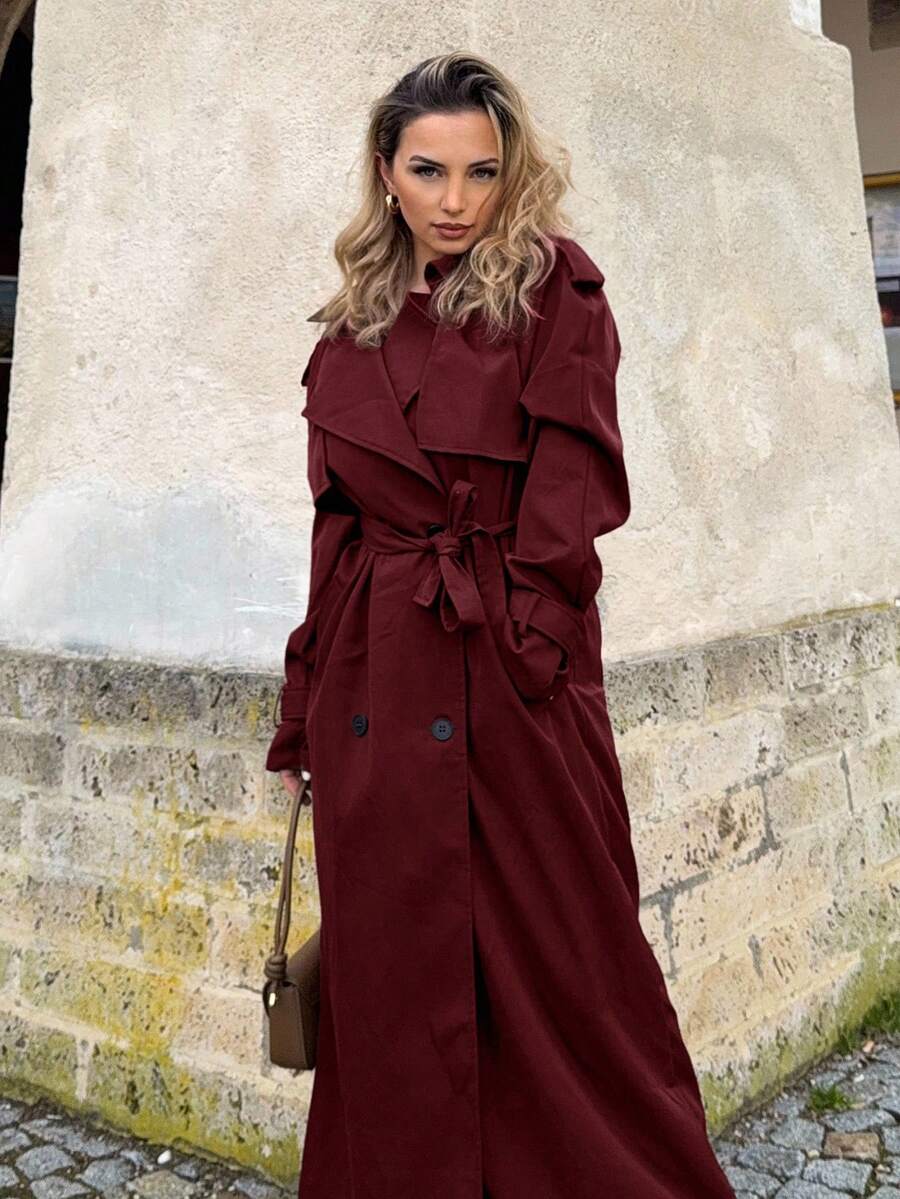 Jeta Ari New Windproof Coffee Color Versatile Extra Long Cinched Waist Double Breasted Decorative Button Down Trench Coat With Oversized Collar, British Style - Burgundy - View 1