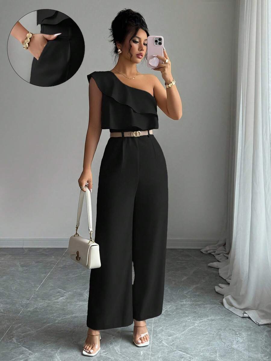 Elenzga Women's Spring/Summer Vacation Style Office Commute Beach Party Asymmetrical Neck Layered Flounce Waist Jumpsuit, Loose Straight-Leg - Black - View 1