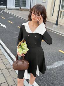 Teen Girl Elegant Colorblock Splice 2 In 1 Dress - Black and White - View 6