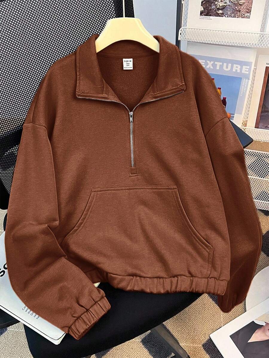 SHEIN Teen Girl's Brown Drop Shoulder Zip Half Placket Crop Sweatshirt,In Fall/Winter - Brown - View 1