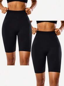Easithlete 2条装女士高腰纯色无缝及膝运动短裤收腹骑行短裤女士高腰骑行短裤女士健身短裤瑜伽黑色短裤 - 黑色 - 查看 4