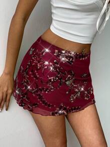 Aloruh Summer Fashion Beaded Embroidery Mini Skirt - Burgundy - View 4