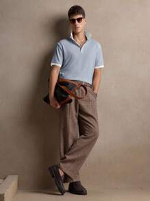 男士针织白色“Old Money”纹理修身短袖休闲 Polo 衫，适合日常穿着、通勤、春夏季、节日、派对、婚礼、情侣装、男友礼物、沙滩装 - 霧霾藍 - 查看 2