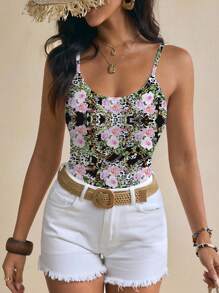 Shutterstock Glamance Women's Floral & Leopard Print Fitted Camisole Fall Clothes Modest - Black - View 1