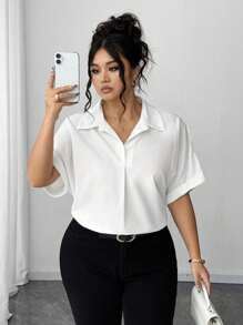 Elenzga 大码女式休闲宽松纯白色蝙蝠袖衬衫