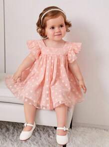 Young Girl Woven Solid Color Ruffled Collar Cute Dress - Pink - View 1