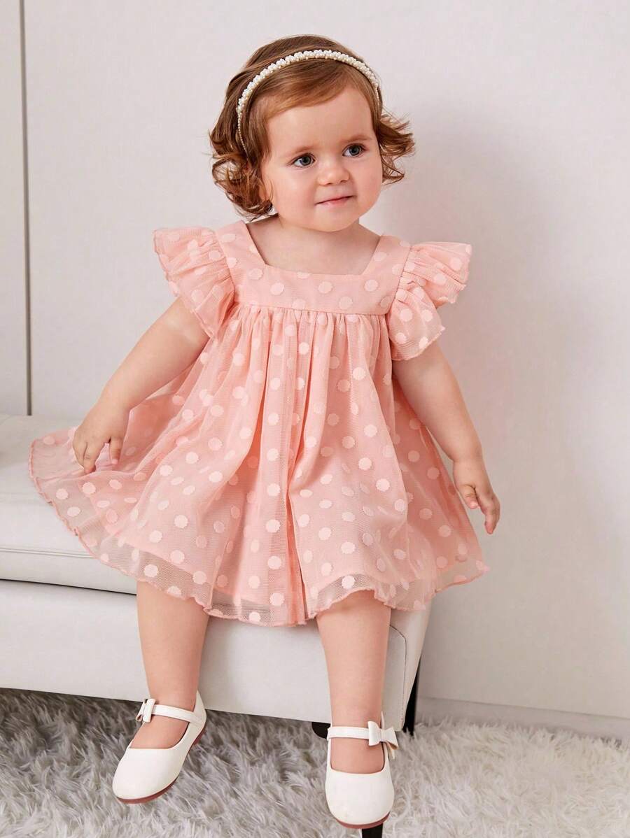 Young Girl Woven Solid Color Ruffled Collar Cute Dress - Pink - View 1
