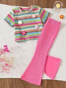 Young Girl Colorful Crocheted Striped 3D Floral Top And Pink Ribbed Flare Pants Set - Pink - View 1