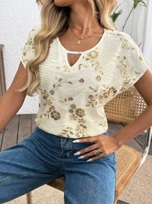 SHEIN LUNE Women's White Floral Sequin Embroidery Patchwork V-Neck Loose Fit Blouse,Elegant Summer Wedding Guest Tops,Fairycore Short Sleeve Shirt,Rave - Apricot - View 6
