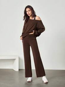 GLOWMODE Modal Silky Smooth Oversized Off-Shoulder Sweatshirt Daily Casual  Spring Summer - Chocolate Brown - View 3