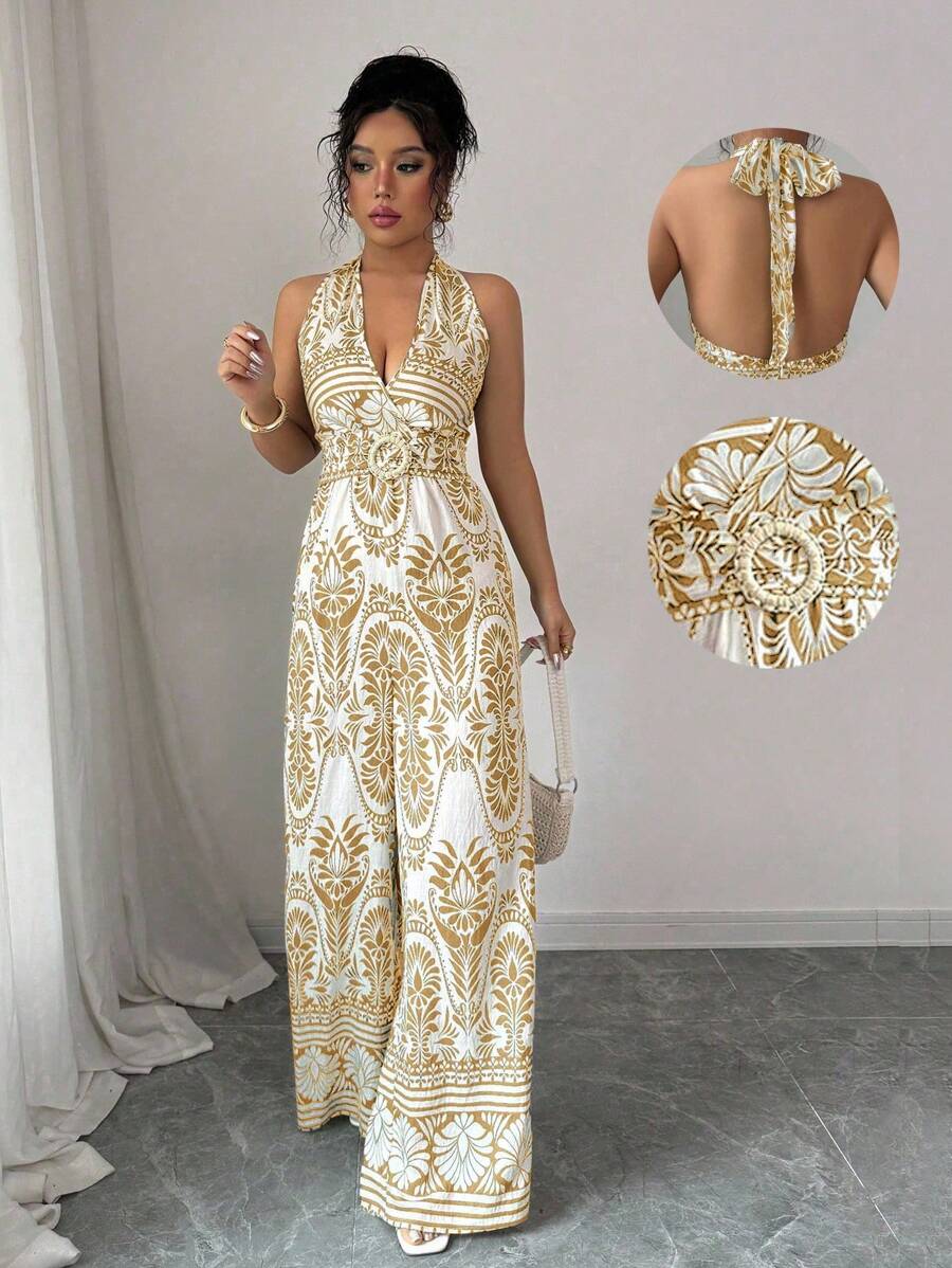 Elenzga 女士度假波西米亚风露肩连体裤、无袖夏季服装、复活节连体衣 - 卡其色 - 查看 1