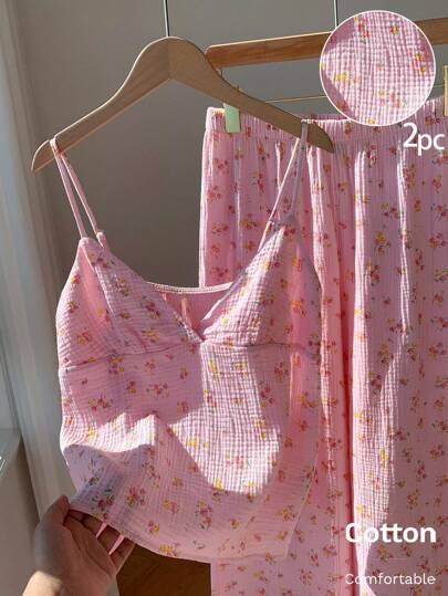 Comfortcana Country  Vacation Outfits  Ditsy Floral Spaghetti Strap Tank Top And Pants Floral Two Piece Set