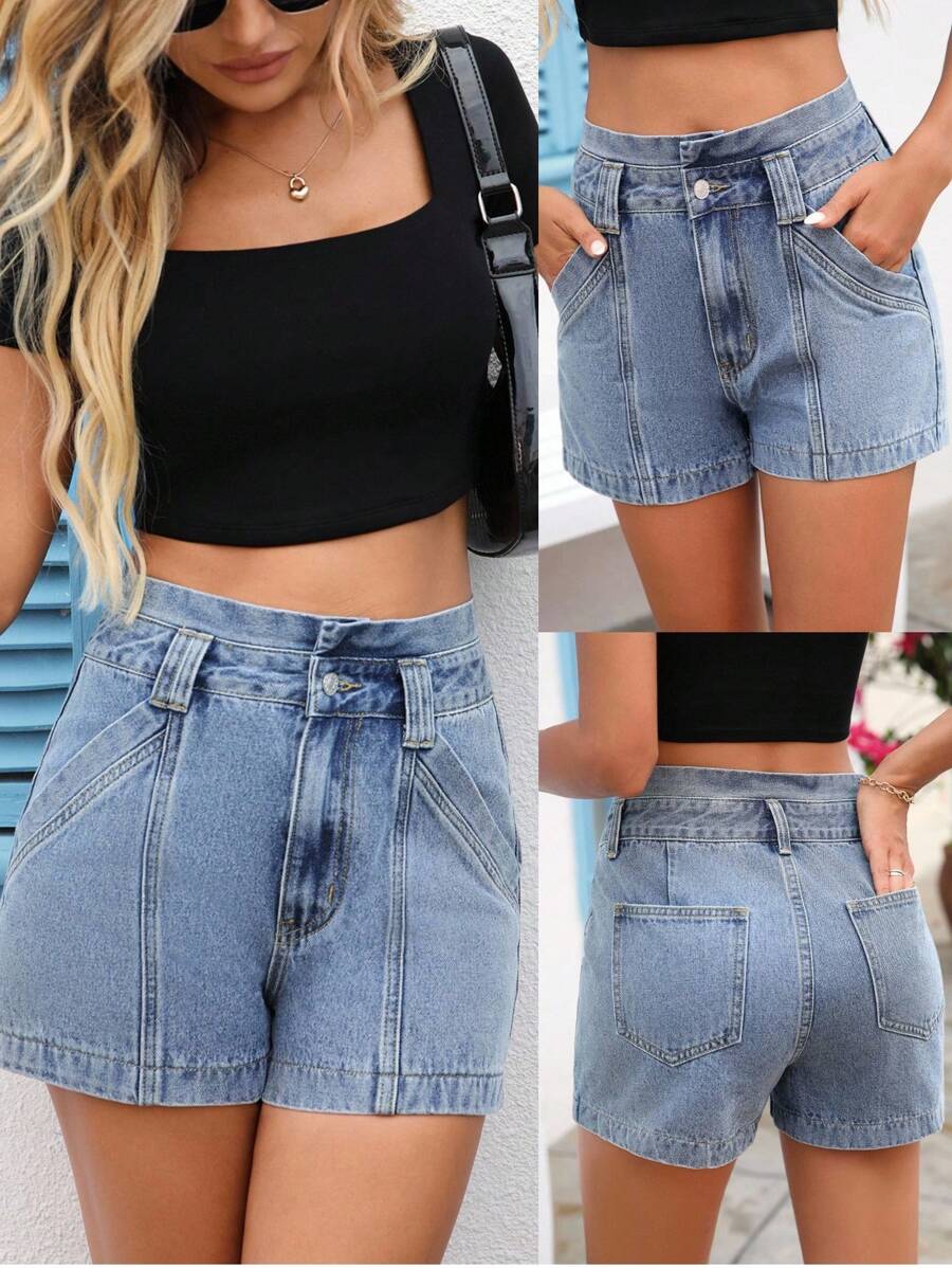 EMERY ROSE Women's Casual Distressed High Waist Denim Shorts, Summer - Blue - View 1