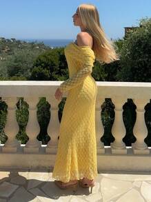 SHEIN Unity French Stylish Off Shoulder Elastic Lace Fitted Long Sleeve Yellow Dress For Women, Spring/Autumn Clothes For University - Yellow - View 2