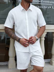 Manfinity Homme 大码男士纯色短袖衬衫和短裤套装