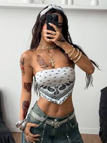 Coolane 女士性感沙滩度假腰果花印花露背短款上衣 - 白色 - 查看 3