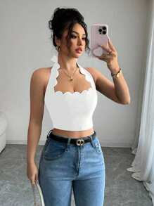 Gloray Top corto con cuello de halter, lazo y volantes en el bajo, de color negro, para mujer, para salir de vacaciones - Blanco - Ver 6
