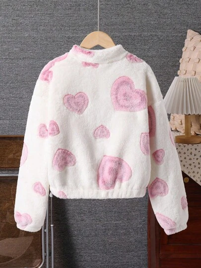 1pc Girls Heart Graphic Print Zip-Up Stand Collar Casual Fuzzy Jacket, Autumn/Winter Fall