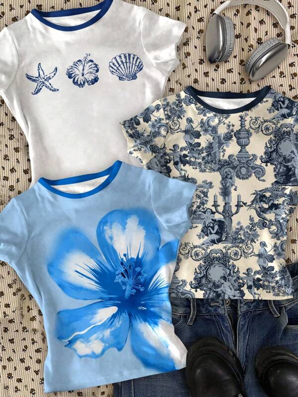 3 pièces/Set Top court à manches longues près du corps pour filles pré-adolescentes, style décontracté classique avec motifs fleurs d'hibiscus, graphiques rétro, coquillages, étoiles de mer et fleurs. Confortable pour l'été.