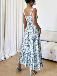 Rafferiza 2pcs Women's Ditsy Floral Waisted Tank Top & Flowy Skirt Set,White And Blue Floral,Summer,Boho,Vacation,Holiday Sundress,Fashion Outfits - Multicolor - View 2