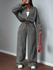 Slaydiva 2pcs Women 2025 Autumn/Winter Rock Festival Nomad Elegant Zipper Collar Long Sleeve Jacket & Straight Leg Sweatpants Set, Gray Acid-Washed Effect Grey Two Pieces Set Women Comfortable Two Pieces Set Women Grey 2 Pieces Sweatsuit - Grey - View 5