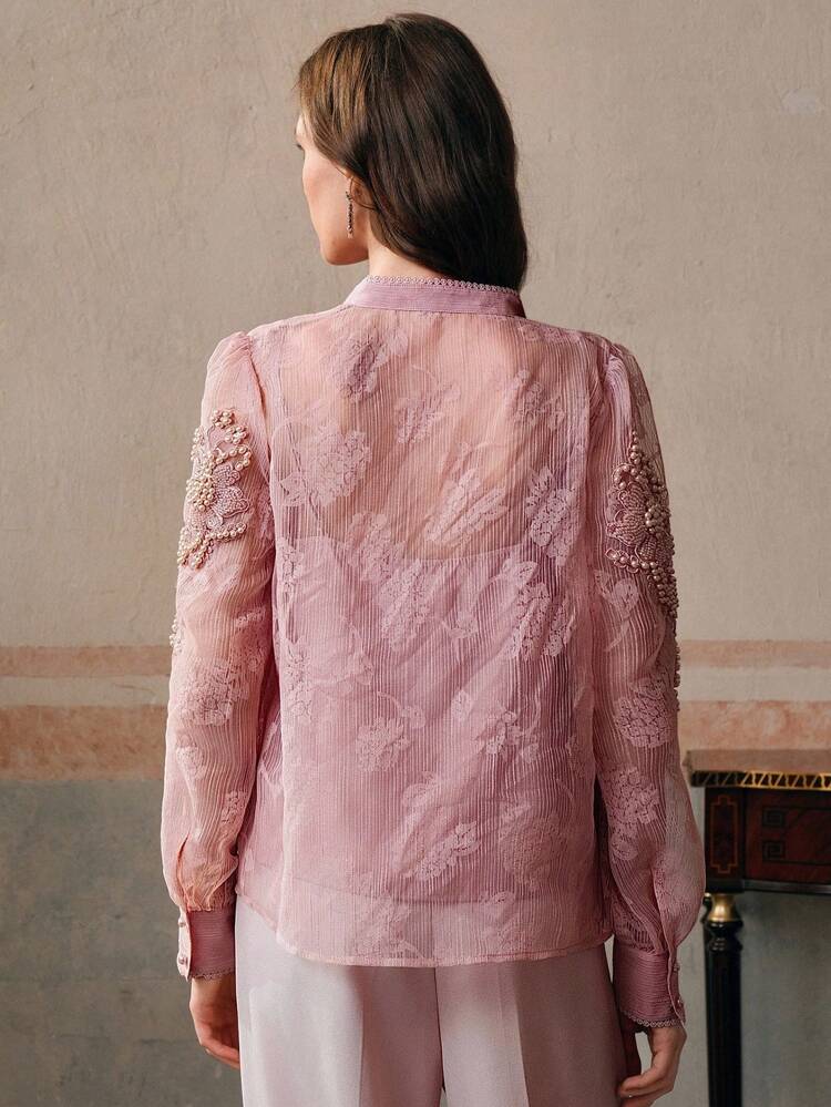 Elegant Palace Style Fashion Pearl Decor Floral Collar Sheer Long Sleeve Blouse Top, Suitable For Spring/Summer, Festival, Graduation, Valentine's Day