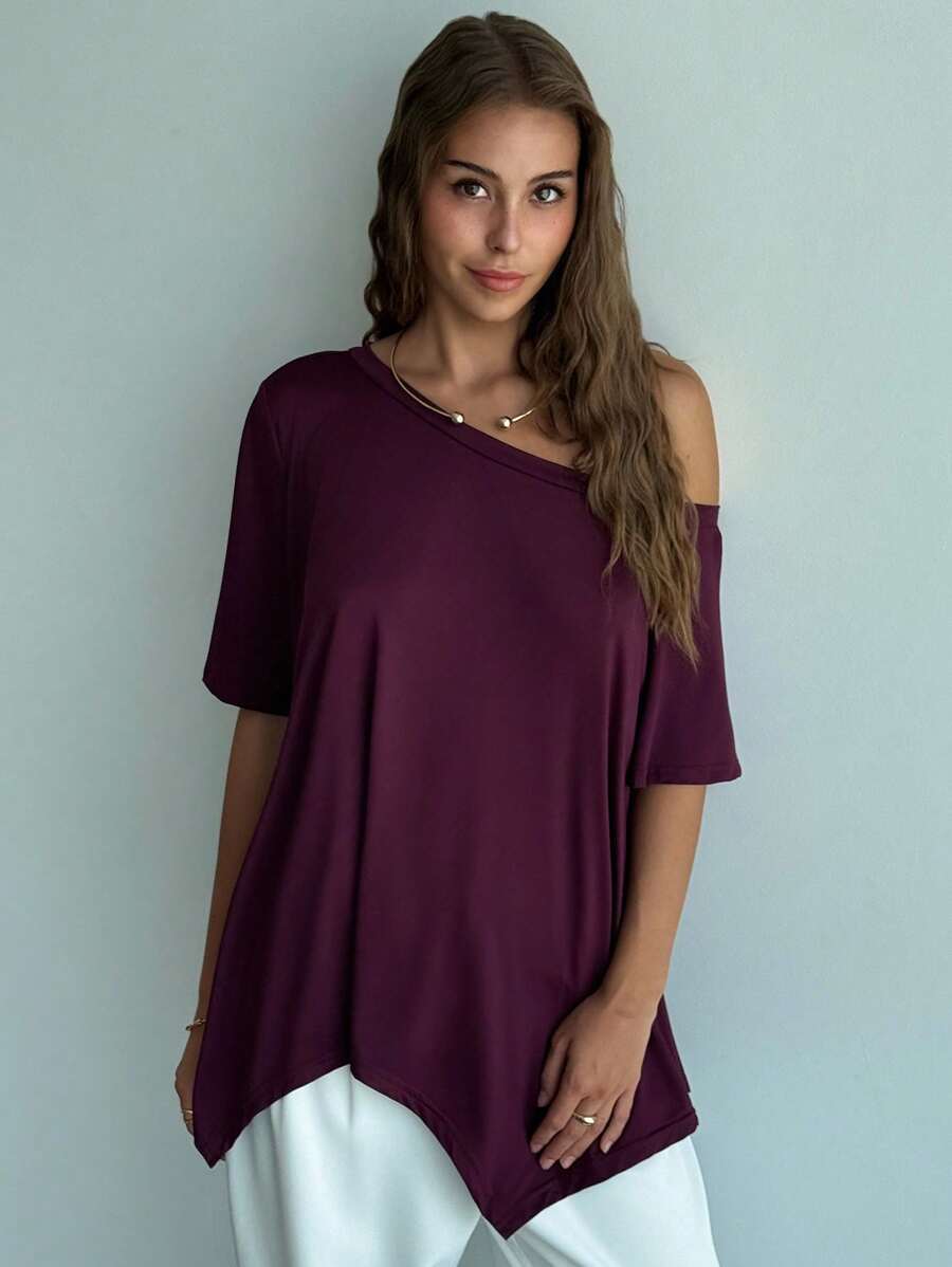 Aloruh Women's Solid Color Asymmetrical Neck Casual Loose Short Sleeve T-Shirt, Summer - Purple - View 1