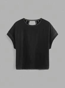 SHEIN Essnce 3件套女士夏季休闲圆领露背宽松短袖T恤套装，黑/粉/白，3件装露脐上衣，适合外出、返校穿着 - 彩色 - 查看 4