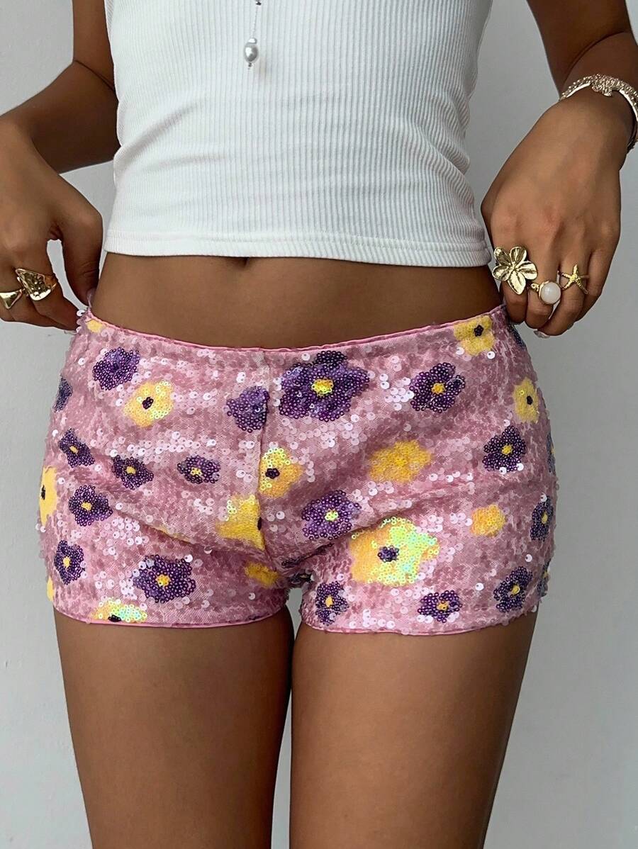 Aloruh Short femme sexy et mignon taille basse avec sequins, perles et broderie. Style Y2K, streetwear pour femme, idéal pour l'aéroport - Bleu ciel - Voir 1