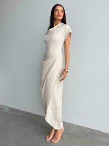 Aloruh Women's Spring/Summer Wrap Draped Neck Ruched Long Dress, Suitable For Commuting, Casual, And Outgoing - Apricot - View 4