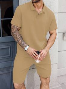 Manfinity Homme 大码男士纯色短袖 Polo 衫和短裤套装，休闲简约纹理 - 杏色 - 查看 4
